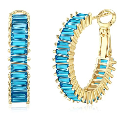 Trendy 14K Gold Plated Hoop Earrings for Women, Chunky Gold/Silver Earrings for Women Cubic Zirconia Baguette Hoop Earrings Heart Hoops Lightweight Hypoallergenic Jewelry,25mm/35mm/40mm/50mm - color: 01 Gold Aquamarine 25mm