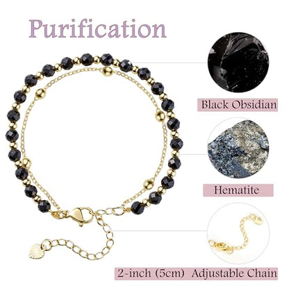 Farfume Crystal Beaded Bracelets for Women 4mm Natural Stone Jewelry Gifts | Natural Beads Gemstone,Handmade,Helper Tool,Yoga Protection,Hypoallergenic,Durability Wear - color: Black Obsidian-Purification