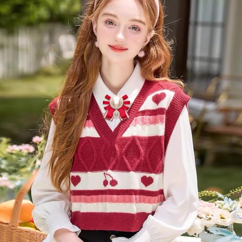 FASELE Bow Brooch Pre-Tied Neck Tie Pearl Brooch Pin Striped Bow Tie for Women Wedding Party Bow Tie - color: Red/Pin