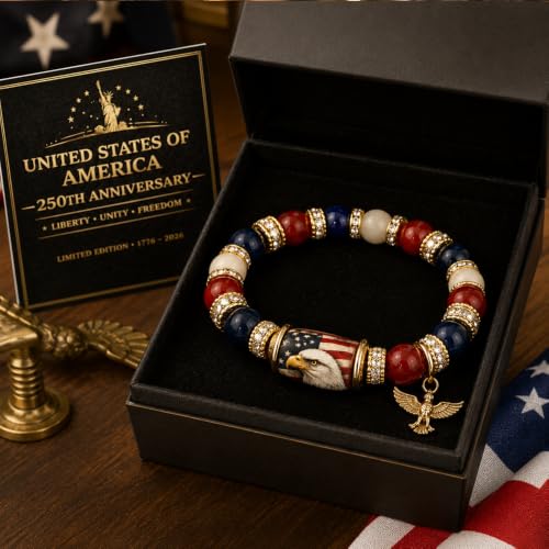 Patriotic Beaded Stretch Bracelet Red White Blue 1776-2026 USA | 250th Anniversary, 4th of July, American Eagle Flag, Women's Jewelry, Independence Day