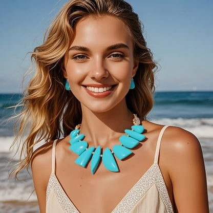 Bocar Chunky Beaded Necklace - color: Turquoise-Set