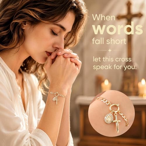 XUANPAI Virgin Mary Cross Bracelet for Women,14K Gold Plated Chain Bracelet,Virgen de Guadalupe Catholic Link Bracelet with Crucifix Charm, No Tarnish Religious Jewelry Gift for Baptism Confirmation - color: Gold-Figaro Chain