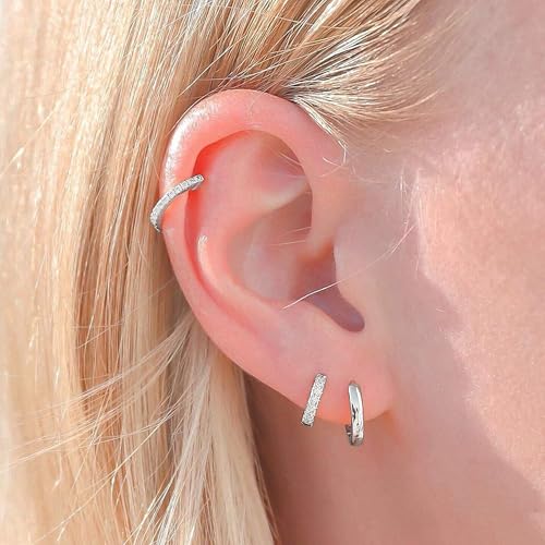 micuco 3 Pairs Small Gold Hoop Huggie Earrings Set for Women Men Tendy | 14K Gold Plated Small Huggie Hoop Earrings for Men, Tiny Cartilage Hypoallergenic Earring Set - style: P# 3 Pairs Silver 8-8-8mm