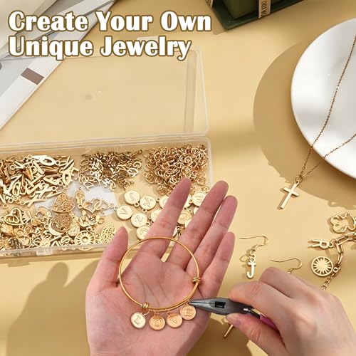 402 Pcs Gold & Silver Charms for Jewelry Making | Includes 156 Letter Initial, 46 Charms & 200 Jump Rings for Keychains, Bracelets, Necklaces, Earrings, DIY Crafts - color: Gold Charm & Sliver Charm-402P