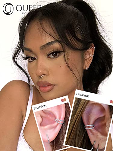 OUFER Double CZ Hoop Piercing Jewelry, Halloween & Christmas 20G Nose Rings (6MM 7MM 8MM), Classic 16G 18G 20G Cartilage Earrings (6MM–12MM), Surgical Steel Helix Tragus Lip Hoops for Women Men - color: Silver