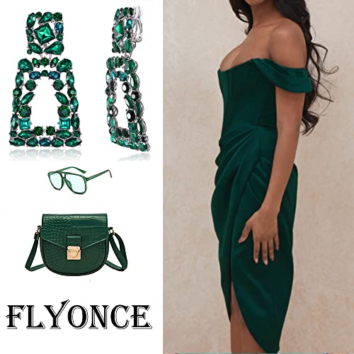 Flyonce Rectangle Clip-on Drop Earrings for Women, Sparkly Rhinestone Crystal Geometric Statement Non Pierced Earring Wedding Prom Party Jewelry for Brides Bridesmaid - color: Green Silver-Tone