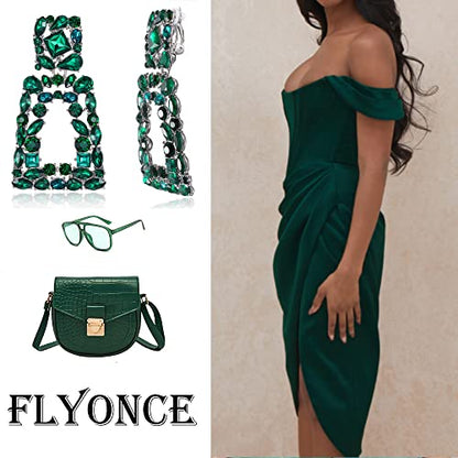 Flyonce Rectangle Clip-on Drop Earrings for Women, Sparkly Rhinestone Crystal Geometric Statement Non Pierced Earring Wedding Prom Party Jewelry for Brides Bridesmaid - color: Green Silver-Tone