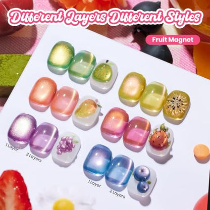 Beetles Fruit Magnet Cat Eye Gel Nail Polish Set, 6 Colors Glass Cat Eye | Glitter Gel Polish Kit Pink Purple Blue Yellow Green Magnetic Shine Soak Off UV Salon DIY Manicure Gift for Women - color: 0-0-0-Fruit Magnet