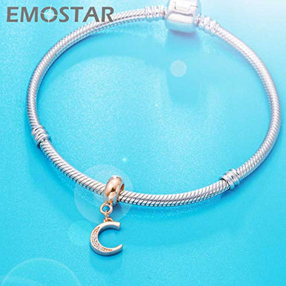 EMOSTAR Letter Charms Initial A-Z Alphabet Beads, Rose Gold 925 Sterling Silver Dangle CZ Birthstone Pendant, Gifts for European Charm Bracelet/Mothers Day/Birthday - color: Letter C