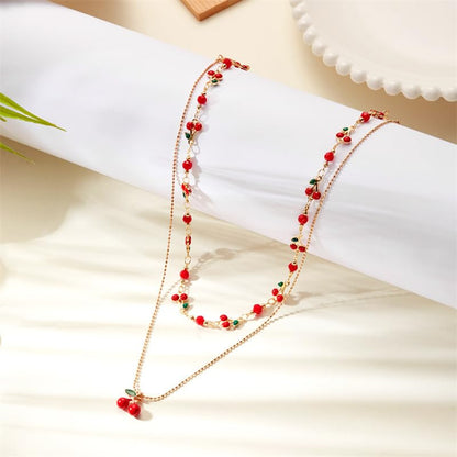 Tiny Red Cherry Fruit Necklace Bracelet Anklet Sweet Cherry Pendant Double Layered Gold Chain - color: red cherry necklace