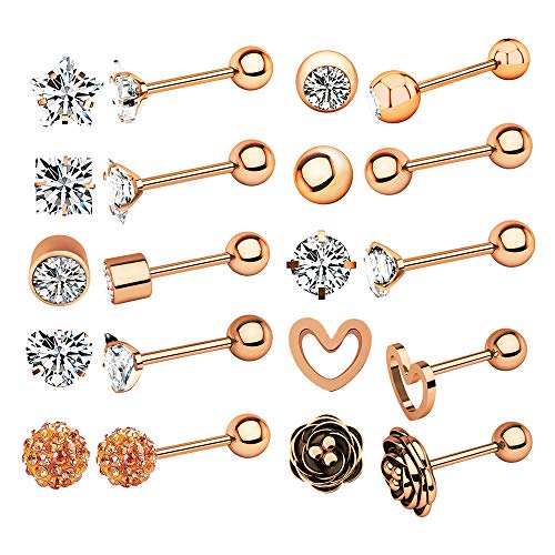 10 Pairs 16g Ear Cartilage Helix Surgical Stainless Steel Cubic Zirconia Stud Cartilage Earrings Huggie Screw Backs Ear Tragus Auricle Cute Love Heart Flower Barbell Piercing Set 4mm - color: Rose Gold