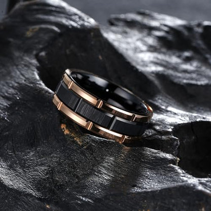 King Will Classic Mens 、Tungsten Carbide Rings Brick Pattern Groove Center | Silver/Black/Gold/Rose Gold, 8mm, Grooved, Comfort Fit, Brick pattern, Everyday Wear - color: A-Black & Rose Gold