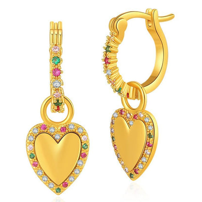 Dainty 14K Gold Plated Cubic Zirconia Heart Small Hoop Earrings Charm Mini Sparkly Colorful Crystal Love Heart Dangle Drop Huggie Earrings for Women