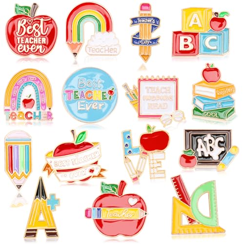 SANNIX 15Pcs Multicolor Teacher Pins, School Teacher Lapel Pins, Brooch Pin for Clothes, Bags, Hats & Accessories - style: Teacher Pin