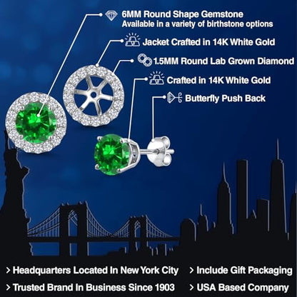 Gem Stone King 14K White Gold 6MM Round Gemstone Birthstone Stud Earrings with Removable Jackets and Lab Grown Diamond Accents | Gold Earrings For Women | Fine Jewelry Gift for Her Mom Women Wife - color: Created Emerald-May