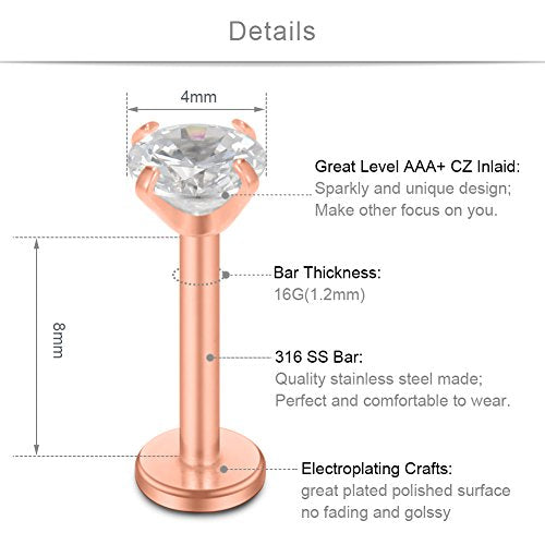 SCERRING 16G Lip Rings Clear CZ Labret Monroe Lip Ring Tragus Nail Helix Earring Stud Piercing Jewelry Bar Length 6mm 8mm 10mm - style: 6PCS - 8mm Rose Gold