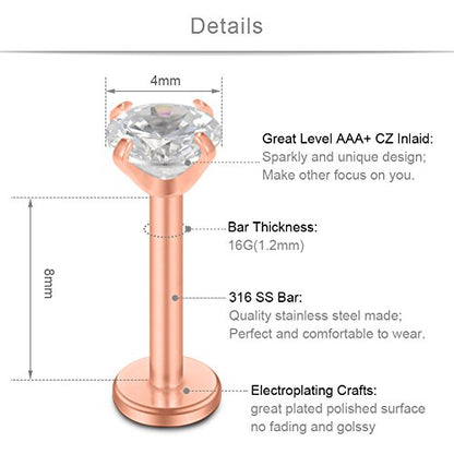 SCERRING 16G Lip Rings Clear CZ Labret Monroe Lip Ring Tragus Nail Helix Earring Stud Piercing Jewelry Bar Length 6mm 8mm 10mm - style: 6PCS - 8mm Rose Gold