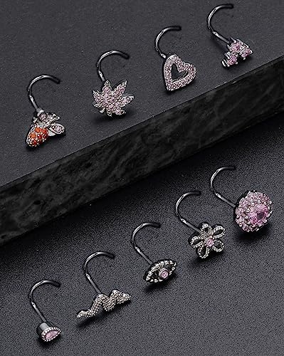 Tornito 16Pcs Nose Stud Rings L Screw Shaped Nose Ring Flower Snake Butterfly Heart Eye CZ Dangle Nose Rings Stud Body Piercing Jewelry for Women Men 20G Silver Pink Tone - color: C:Pink CZ(Screw Shaped)