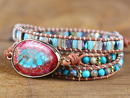 Handmade Boho Wrap Bracelets Natural Turquoise Crystal Stone Variety Beaded Strand Bracelet - color: Imperial Jasper