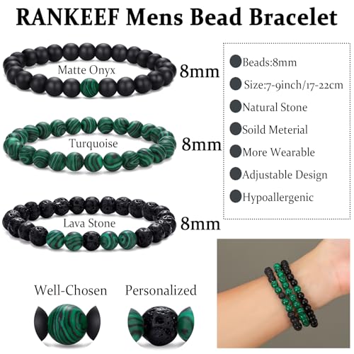 Mens Bead Bracelet Set - Adjustable Elastic Rope With 6&8MM Natural Stone Multi-Colored Beads - Tiger Eye Bracelets for Men - Gift - style: 3,green,black bracelet