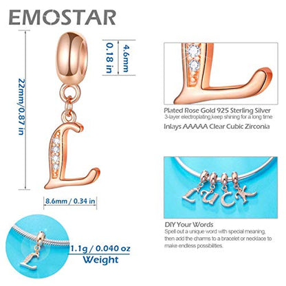 EMOSTAR Letter Charms Initial A-Z Alphabet Beads, Rose Gold 925 Sterling Silver Dangle CZ Birthstone Pendant, Gifts for European Charm Bracelet/Mothers Day/Birthday - color: Letter L