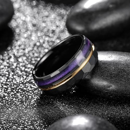 King Will Black Tungsten Rings for Men Hammer Wedding Band | Black, Grooved, Hammer Wedding Band Gold Groove, Sand Inlay, Everyday Wear - color: Black & Purple Sand Inlay