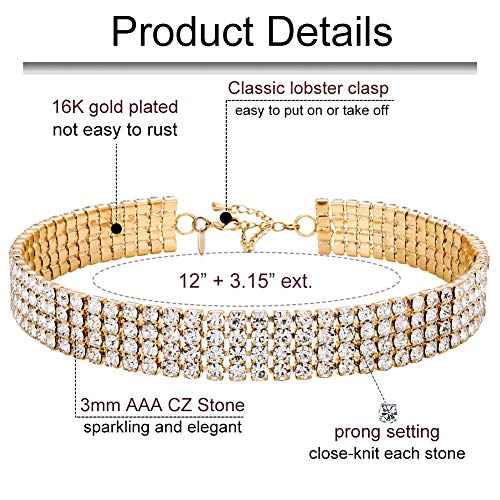 Zealmer 18K Yellow Gold Plated 1-5 Rows Rhinestone Choker Necklace & Stretch Bracelets Set Wedding Jewelry - style: 4 Row