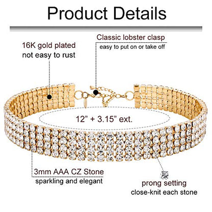 Zealmer 18K Yellow Gold Plated 1-5 Rows Rhinestone Choker Necklace & Stretch Bracelets Set Wedding Jewelry - style: 4 Row