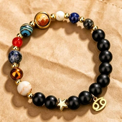 Solar System Planet Bead Zodiac Sign Stretch Bracelet for Men Women | Matte black beads with solar system planet stones, unisex design, perfect birthday holiday gift for men women - color: cancer