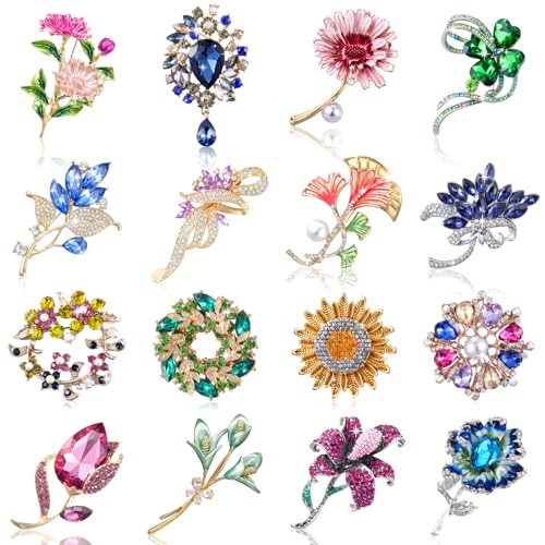 Sasylvia 16 Pcs Women Brooch Set Rhinestone Vintage Animal Insect Plant Pins Brooches Bulk for Christmas Women Girls Gifts - style: Novel