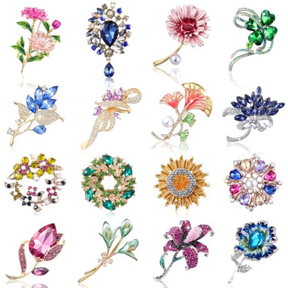 Sasylvia 16 Pcs Women Brooch Set Rhinestone Vintage Animal Insect Plant Pins Brooches Bulk for Christmas Women Girls Gifts - style: Novel