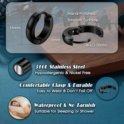 Jstyle 3Pairs Hypoallergenic 316L Stainless Steel Hoop Earrings 12/16/20MM | Silver Gold Black Hoop Earrings Set for Men Women Non Tarnishing Comfort Fit Sleeper Earrings Lightweight Trendy Jewelry Gift - size: 16mm