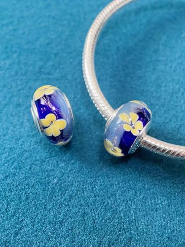 2pcs Authentic 925 Silver Murano Glass Flower Charms for Pandora Bracelets - color: 05-Blue & Yellow flowers