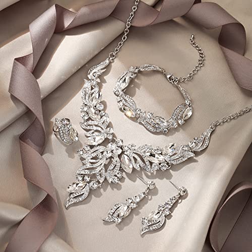 EVER FAITH Bridal Wedding Marquise Crystal Leaf Cluster Statement Y-Shaped Necklace Earrings Bracelet Ring Set for Prom - color: Clear Silver-Tone
