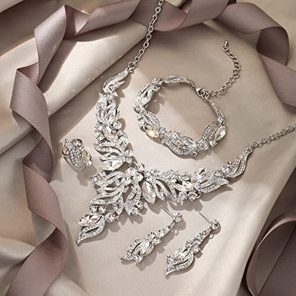 EVER FAITH Bridal Wedding Marquise Crystal Leaf Cluster Statement Y-Shaped Necklace Earrings Bracelet Ring Set for Prom - color: Clear Silver-Tone