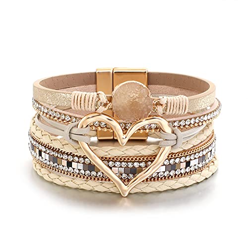 Women Heart Multi-Layer Leather Wrap Bracelet Stackable Wristband Braided Cuff Handmade Bangle Bracelet with Buckle Jewelry - color: Champagne
