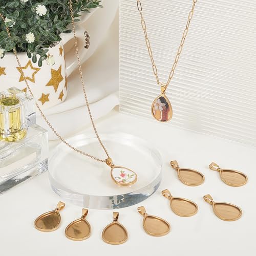 1 Box 10Pcs Gold Teardrop Bezel Pendant Trays Stainless Steel Cabochon Bezel Bulk Stylish Water Drop Shaped Bezel Pendant Trays for Jewelry Making Bracelet Necklace DIY Crafts Adult Beginner - style: gold drop
