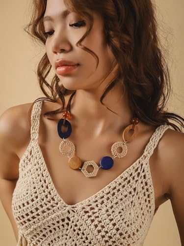 MINACHI Handmade Braided Necklace for Women, Wooden Beads, Rattan Charm, Vintage Style, Gift Jewelry - style: Necklace NECK.006