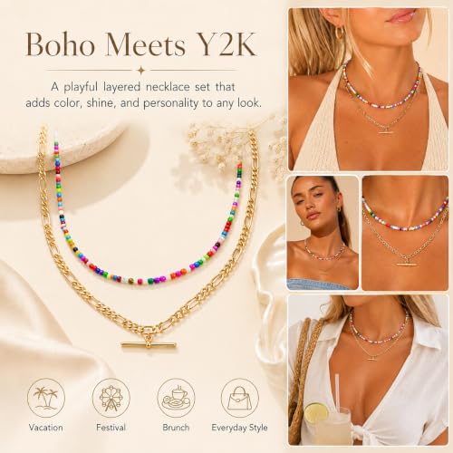 Seed Beaded Layered Necklace for Women 14K Gold Plated Figaro Chain T Bar Pendant Necklace Set, Colorful Beaded Choker Necklace, Dainty Boho Jewelry Gift