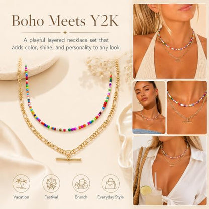 Seed Beaded Layered Necklace for Women 14K Gold Plated Figaro Chain T Bar Pendant Necklace Set, Colorful Beaded Choker Necklace, Dainty Boho Jewelry Gift
