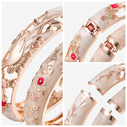 UJOY Cloisonne Indian Bangle Colored Crystal Plated Hinge Cuff Bracelet Hollowed Bird Enamel Jewelry Gift 55C49 - color: 2 Pcs/set-Bird-Cream White