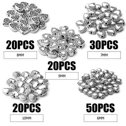 Aylifu 140pcs Antique Silver Heart Shape Spacers Alloy European Style Heart Beads Charms Spacer Bead Jewelry Heart Charms for DIY Bracelet Jewelry Making, 5 Sizes