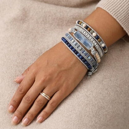 YGLINE Boho Handmade Wrap Leather Tube Crystal Stone Bracelet for Women - color: Topaz