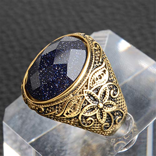 Retro Unisex Stainless Steel Oval Gemstone Hollow Flower Carved Signet Ring - color: Gold Black-Blue