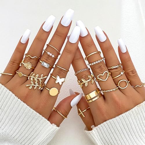 24 Pieces Knuckle Rings Set for Women, Vintage Stackable Finger Midi Rings Dainty Cubic Zirconia Crystal Simple Twist Hollow Cute Rings Pack Jewelry Gift - color: Gold