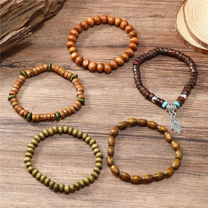 Wooden Beads Stretch Bracelet Multi-Layered Stretch Bracelet for Women Men Elastic Bracelet 5pcs - color: A-06