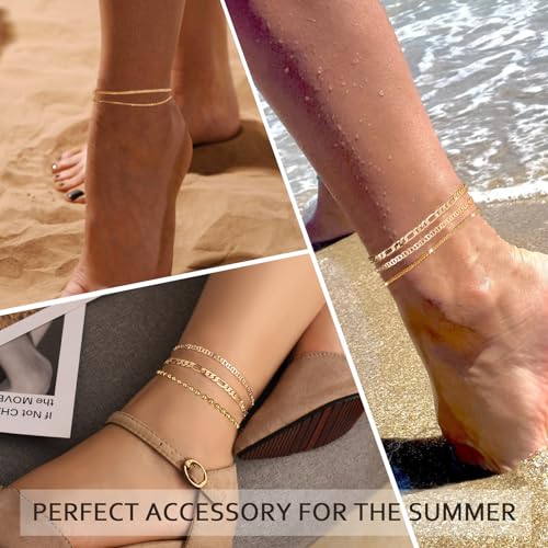 Gold Ankle Bracelets for Women,14k Gold Plated Anklets Waterproof Cuban Link Tennis Herringbone Beaded Chain Anklets Set Layered Anklet Bracelets for Women Adjustable Summer Beach Jewelry 5pcs - color: B:Gold mariner +figaro+ball+ bead+ shard
