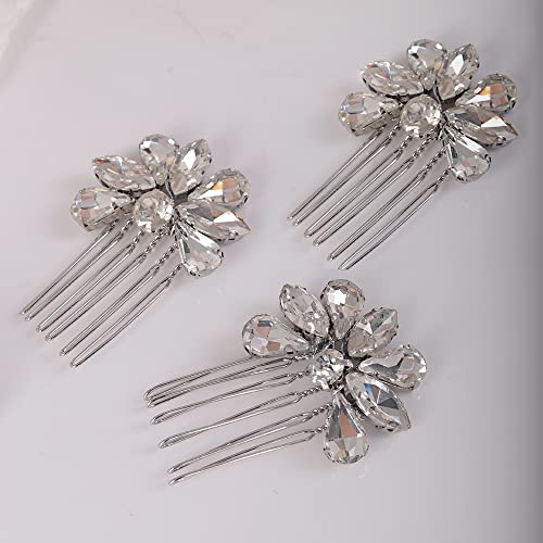 Teyglen Simple Rhinestones Crystal Bride Wedding Hair Comb Set Handmade Red Blue Black Crystal Side Hair Combs Bridal Hair Jewelry Set for Women Bride Girls (Silver) - color: Silver