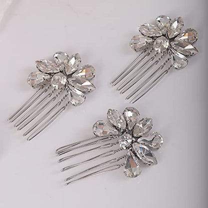Teyglen Simple Rhinestones Crystal Bride Wedding Hair Comb Set Handmade Red Blue Black Crystal Side Hair Combs Bridal Hair Jewelry Set for Women Bride Girls (Silver) - color: Silver