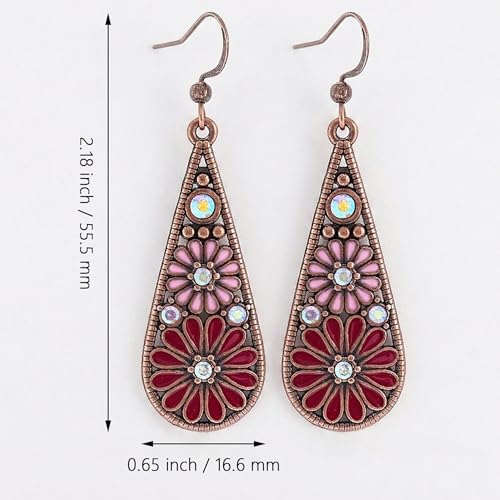 Bohemian Crystal Teardrop Dangle Earrings, Copper, Tribal Geometric Design, Handmade National Style for Women - color: Purple & Red